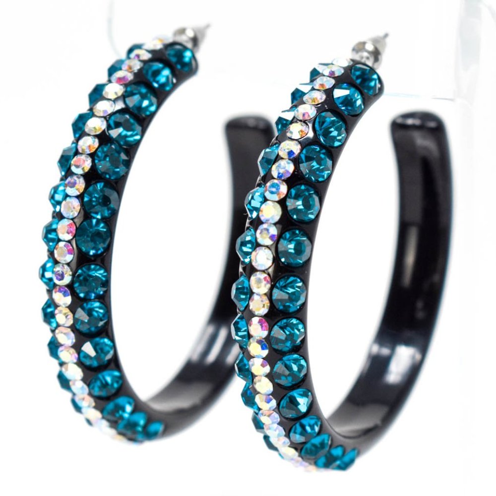 2.5" Teal/AB Rhinestones Black Lucite Hoop Earring